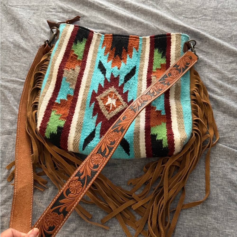 American Darling Southwest Fringe Crossbody Bag - Turquoise and Brown - Picture 2 of 8